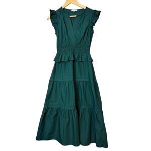 MOON RIVER Flutter Sleeve Tiered Cotton midi Dress Green women’s size XS